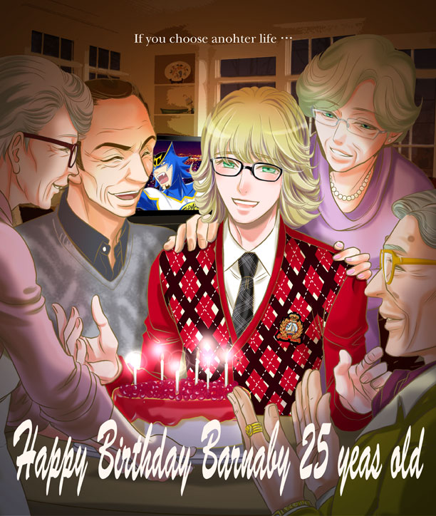 10s, 2girls, 3boys, albert_maverick, alternate_universe, barnaby_brooks_jr., barnaby_brooks_sr, birthday, birthday_cake, blonde_hair, brown_hair, cake, candle, emily_brooks, family, family_bonding, food, glasses, green_eyes, grey_hair, multiple_boys, multiple_girls, samantha_taylor, superhero_costume, suzan2nd, sweater_vest, tiger_&amp;_bunny, typo, wild_tiger