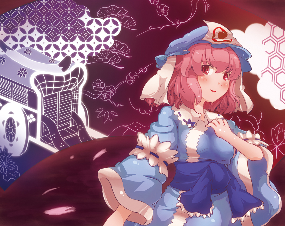 1girl, blush, cart, dress, female_focus, goshoguruma, hat, hexagon