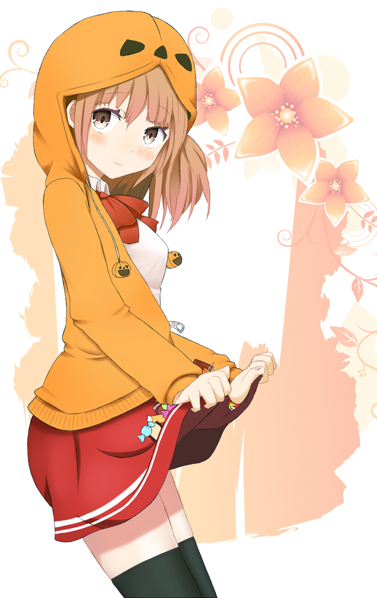 1girl, black_eyes, black_thighhighs, blush, brown_hair, clothes_lift, female_focus, from_side