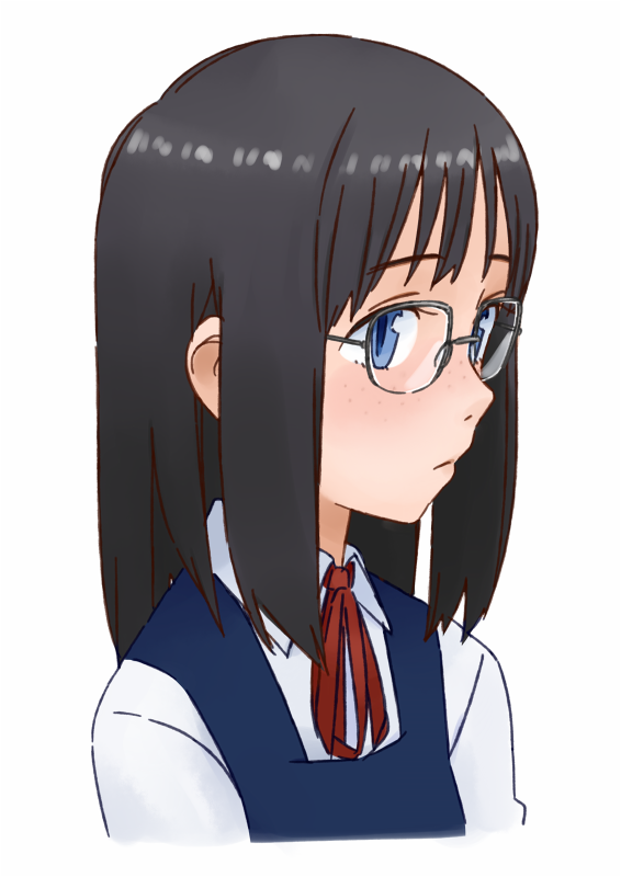 1girl, black_hair, blue_eyes, female_focus, freckles, glasses, long_hair, original