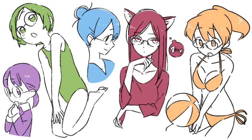 5girls, animal_ears, ball, beachball, bikini, cat_ears, eating, fish_skeleton