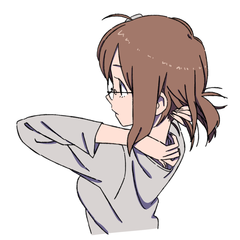 1girl, adjusting_hair, brown_hair, female_focus, from_behind, glasses, neck, profile