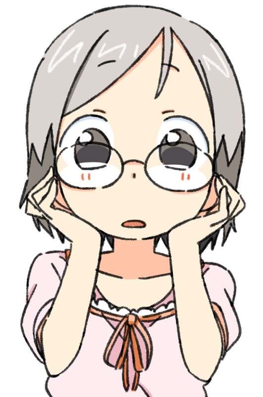 1girl, adjusting_eyewear, blush, female_focus, glasses, grey_eyes, grey_hair, hands_on_own_cheeks, hands_on_own_face, ichigo_mashimaro, open_mouth, sakuragi_matsuri, short_hair, solo, takken_(kupipo)