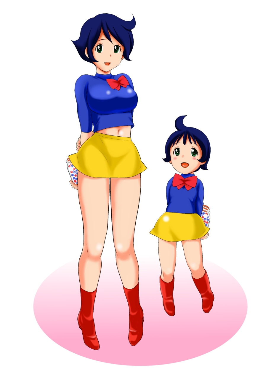 1970s_(style), age_progression, akinao_(atori), akinaoatori, blue_hair, boots, breasts, candy