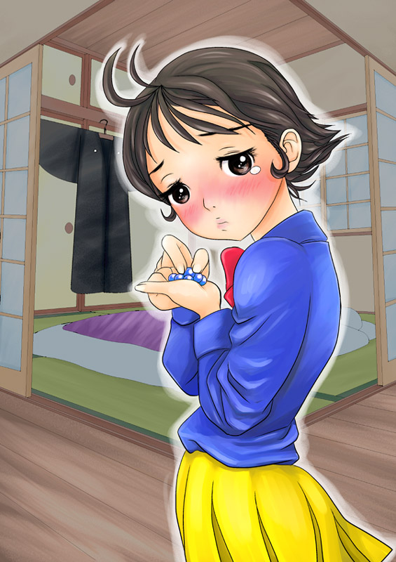 1970s_(style), 1girl, bed, bedroom, brown_eyes, brown_hair, candy, child