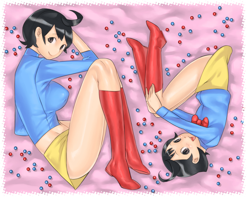 1970s_(style), age_progression, black_hair, boots, breasts, brown_eyes, candy, child