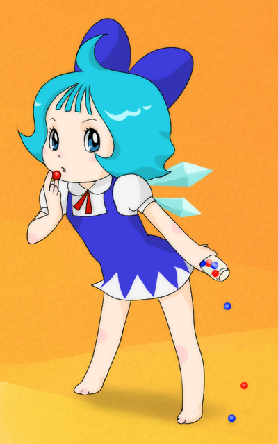 1970s_(style), barefoot, blue_eyes, blue_hair, candy, cirno, f0360, fairy