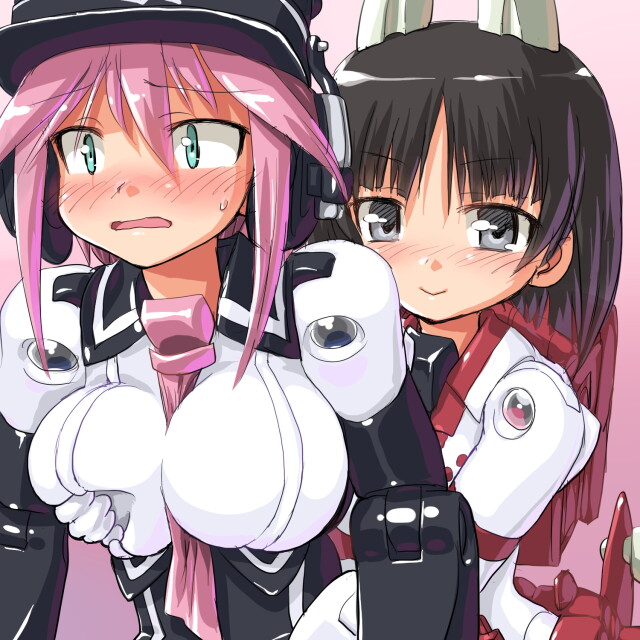 10s, 2girls, aqua_eyes, asuka_(busou_shinki), bad_id, bad_pixiv_id, between_breasts, black_hair, breasts, busou_shinki, dd_(ijigendd), doll_joints, grabbing_another's_breast, grey_eyes, groping, joints, long_hair, multiple_girls, murmeltier, pink_hair, short_hair