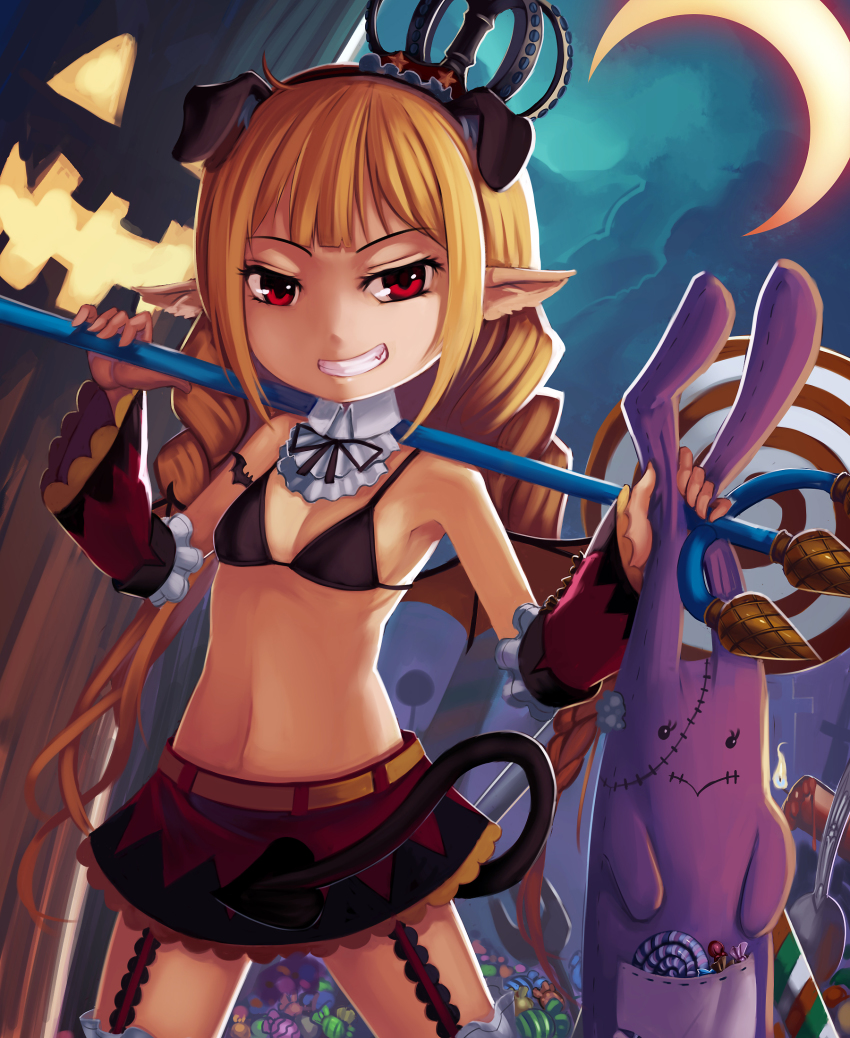 10s, 1girl, animal_ears, bare_shoulders, belt, blonde_hair, blush, bra, candy, crown, detached_sleeves, female_focus, food, futaba_anzu, garter_straps, grin, halloween, highres, idolmaster, idolmaster_cinderella_girls, jack-o'-lantern, long_hair, majicjiang, midriff, navel, over_shoulder, over_shoulders, pointy_ears, polearm, red_eyes, smile, solo, stuffed_animal, stuffed_rabbit, stuffed_toy, tail, thighhighs, trident, twintails, underwear, very_long_hair, weapon, weapon_over_shoulder