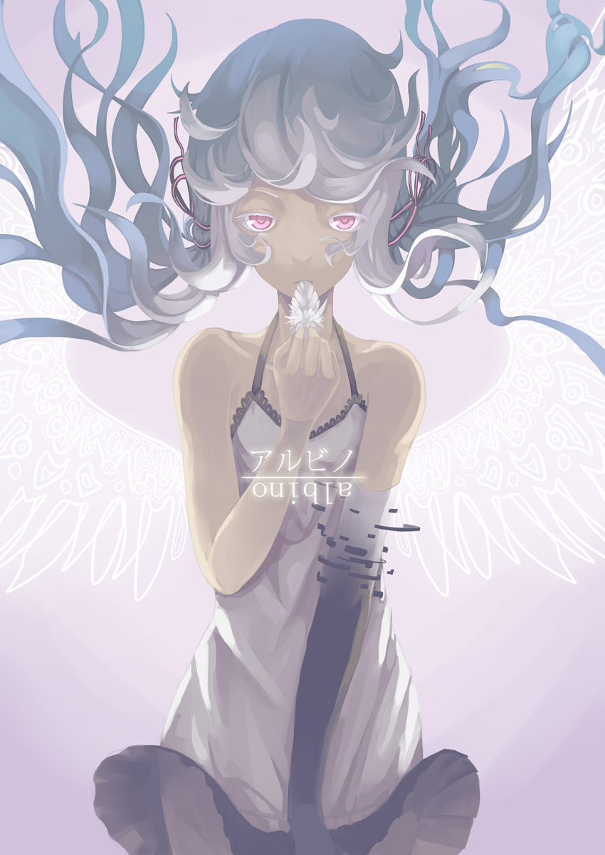 1girl, albino_(vocaloid), aqua_hair, chemise, digital_dissolve, elbow_gloves, feathers, female_focus