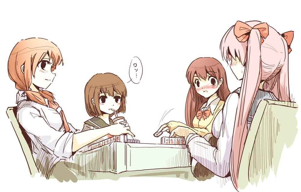 10s, 4girls, bad_id, bad_pixiv_id, black_eyes, blush, board_game, brown_hair