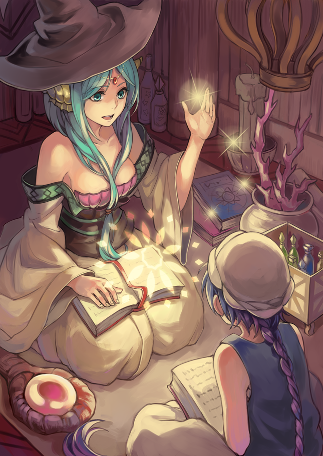 1boy, 1girl, aladdin_(magi), aqua_eyes, aqua_hair, bad_id, bad_pixiv_id, bikini, blue_hair, book, bottle, braid, breasts, cleavage, hat, long_hair, magi_the_labyrinth_of_magic, medium_breasts, shell, shell_bikini, single_braid, staff, sterreia, turban, witch_hat, yamuraiha
