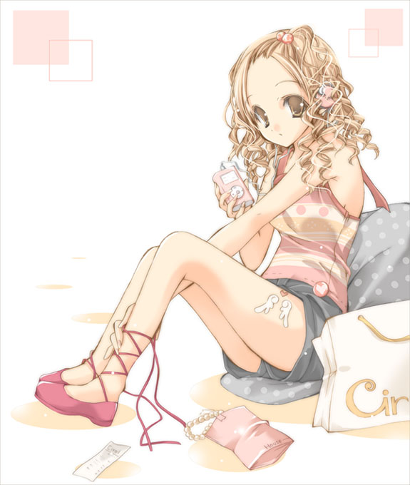 1girl, bag, blonde_hair, brown_eyes, curly_hair, mp3_player, female_focus, headphones