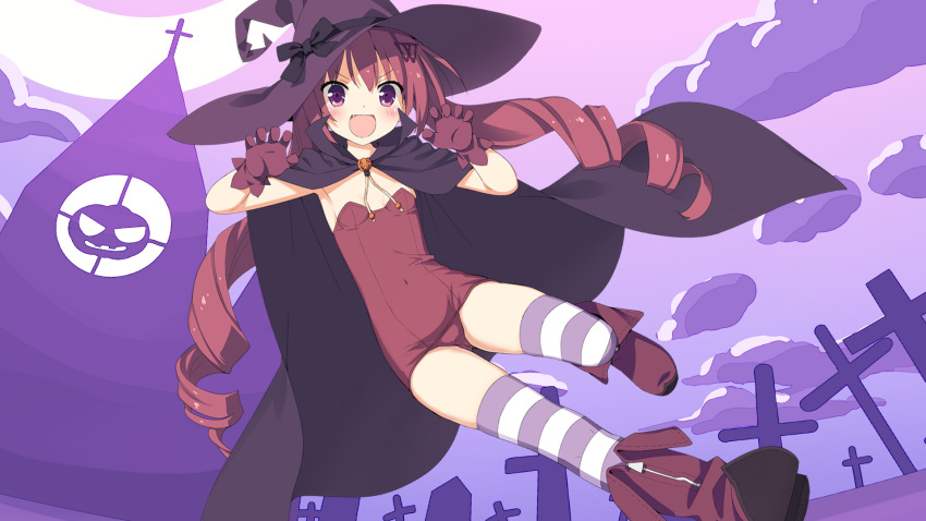 1girl, blush, boots, cape, child, drill_hair, fang, female_focus