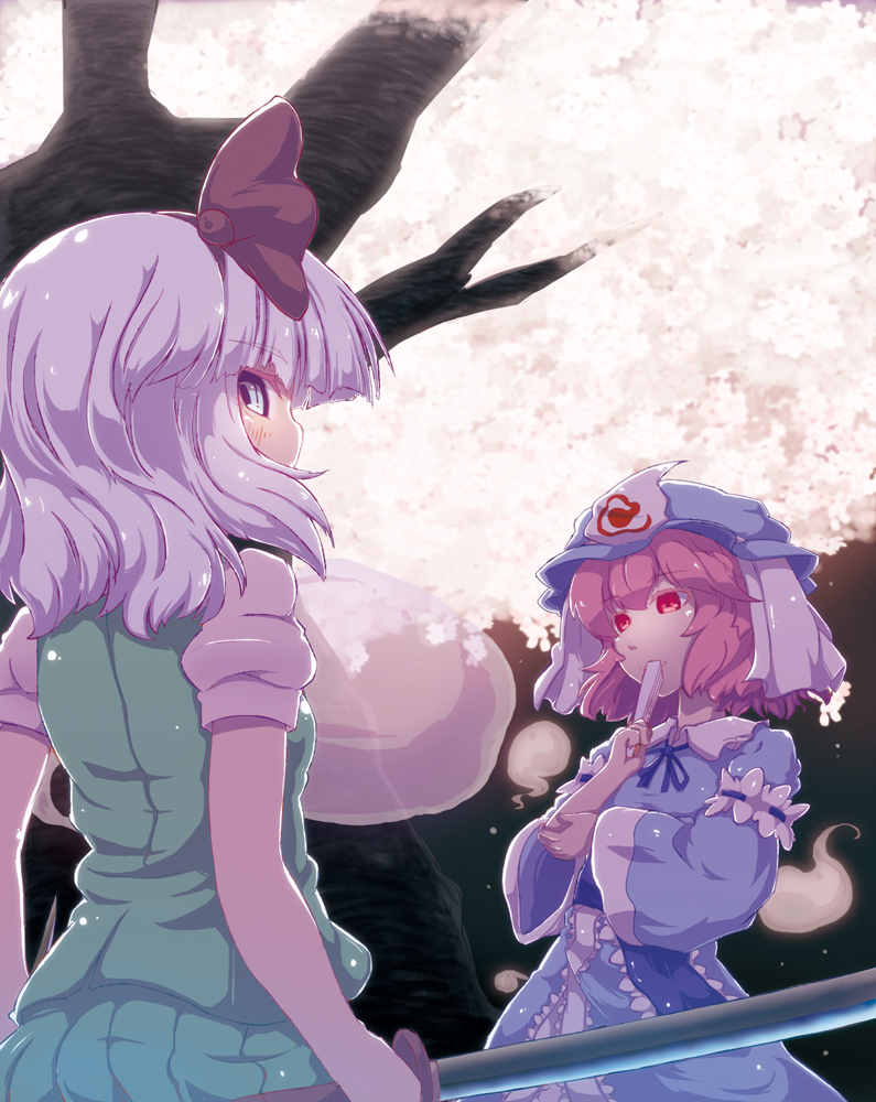 2girls, back, blush, breasts, cherry_blossoms, folded_fan, hand_fan, female_focus