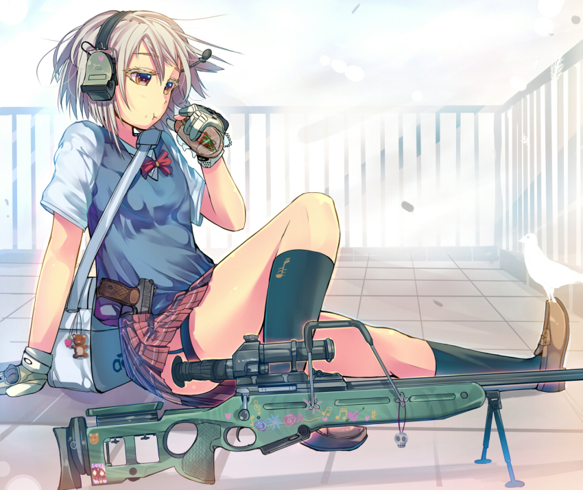 1girl, bipod, bolt_action, brown_eyes, daito, eating, female_focus, food, gloves, gun, headphones, headset, original, paint, rifle, sandwich, school_uniform, scope, short_hair, silver_hair, sitting, skirt, sniper_rifle, solo, sv-98, sweater_vest, thigh_strap, weapon