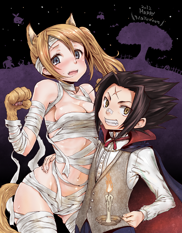 10s, 1boy, 1girl, 2012, agata_(sekaiju), animal_ears, animal_hands, atlus, bandages, bare_shoulders, black_hair, blonde_hair, blue_eyes, breasts, candle, cape, etrian_odyssey, fang, gloves, groin, halloween, happy_halloween, kanae_(sekaiju), kazabuki_poni, kemonomimi_mode, md5_mismatch, medium_breasts, navel, paw_gloves, resolution_mismatch, scar, scarf, sekaiju_no_meikyuu, sekaiju_no_meikyuu_3, source_smaller, tail, vest, yellow_eyes