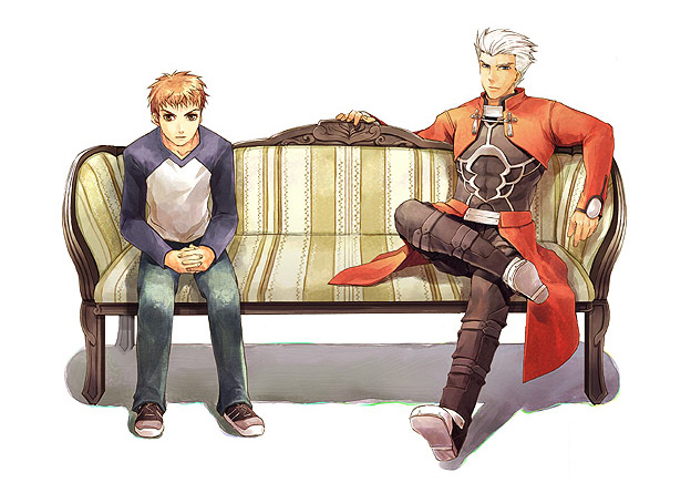 2boys, archer_(fate), couch, crop_top, denim, dual_persona, emiya_shirou, fate/stay_night