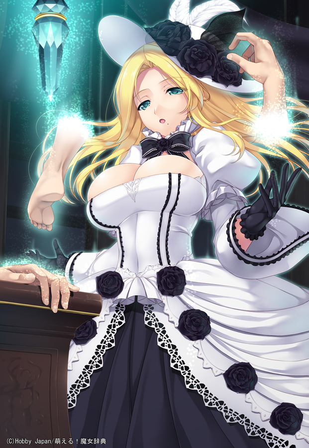1girl, :o, black_gloves, blonde_hair, breasts, cleavage, copyright_name, crystal, disembodied_hand, dress, female_focus, flower, gloves, grabber_tool, green_eyes, hat, hat_feather, hat_flower, ileana_cosanzeana, large_breasts, long_hair, magic, moeru!_jiten, moeru!_witch_jiten, mole, nakano_sora, original, romanian_mythology, solo, watermark, witch