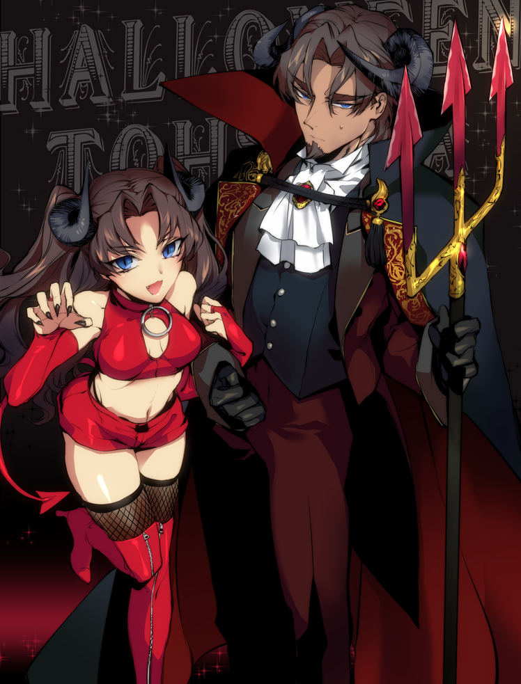 1boy, 1girl, bad_id, bad_pixiv_id, blue_eyes, boots, breasts, brown_hair, cape, claw_pose, claws, cleavage, cleavage_cutout, clothing_cutout, costume, demon, demon_girl, demon_horns, demon_tail, elbow_gloves, facial_hair, fang, fate/stay_night, fate/zero, fate_(series), father_and_child, father_and_daughter, fingerless_gloves, fingernails, fishnet_thighhighs, fishnets, gloves, goatee, halloween, high_heels, horns, long_fingernails, long_hair, midriff, navel, parent_and_child, polearm, rokuji, shoes, short_shorts, shorts, tail, thigh_boots, thighhighs, time_paradox, tohsaka_rin, tohsaka_tokiomi, trident, two_side_up, weapon