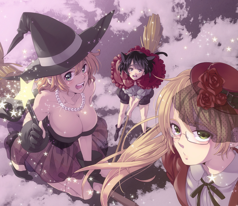 3girls, america_(female)_(hetalia), america_(hetalia), animal_ears, axis_powers_hetalia, bad_id, bad_pixiv_id, black_eyes, black_gloves, black_legwear, blonde_hair, blush, breasts, broom, broom_riding, cat_ears, cat_tail, cleavage, dress, flower, gender_request, genderswap, glasses, gloves, green_eyes, hat, hat_flower, hat_ribbon, holding, japan_(female)_(hetalia), japan_(hetalia), jewelry, large_breasts, long_hair, looking_at_viewer, mi_(saba-saba), multiple_girls, necklace, open_mouth, ribbon, sitting, sparkle, star_(symbol), tail, united_kingdom_(female)_(hetalia), united_kingdom_(hetalia), wand, witch, witch_hat