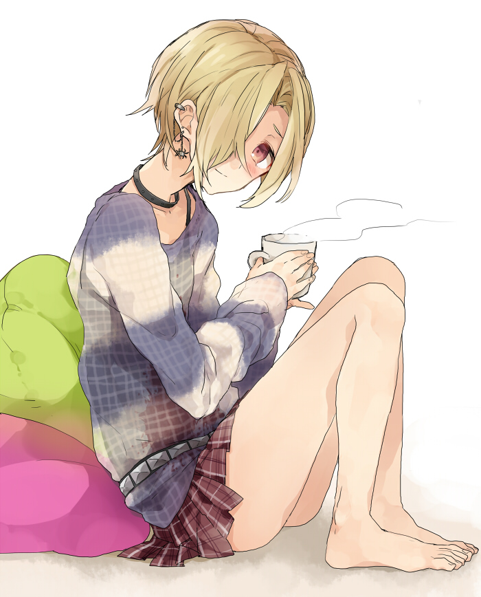10s, 1girl, bags_under_eyes, bare_legs, barefoot, blonde_hair, blush, brown_eyes, choker, cup, ear_piercing, earrings, female_focus, hair_over_one_eye, idolmaster, idolmaster_cinderella_girls, jewelry, konno_seara, long_sleeves, looking_at_viewer, mug, pale_skin, piercing, pleated_skirt, red_eyes, shirasaka_koume, short_hair, sitting, skirt, sleeves_past_wrists, smile, solo, sweater