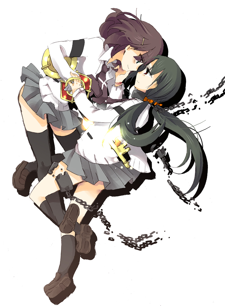 10s, 2girls, black_socks, blush, brown_eyes, brown_hair, cardigan, chain