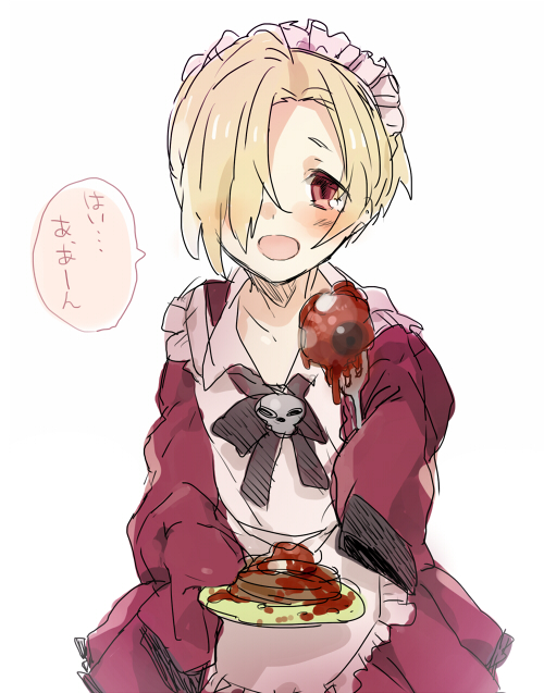 10s, 1girl, apron, blonde_hair, blush, brown_eyes, dress, eyeball