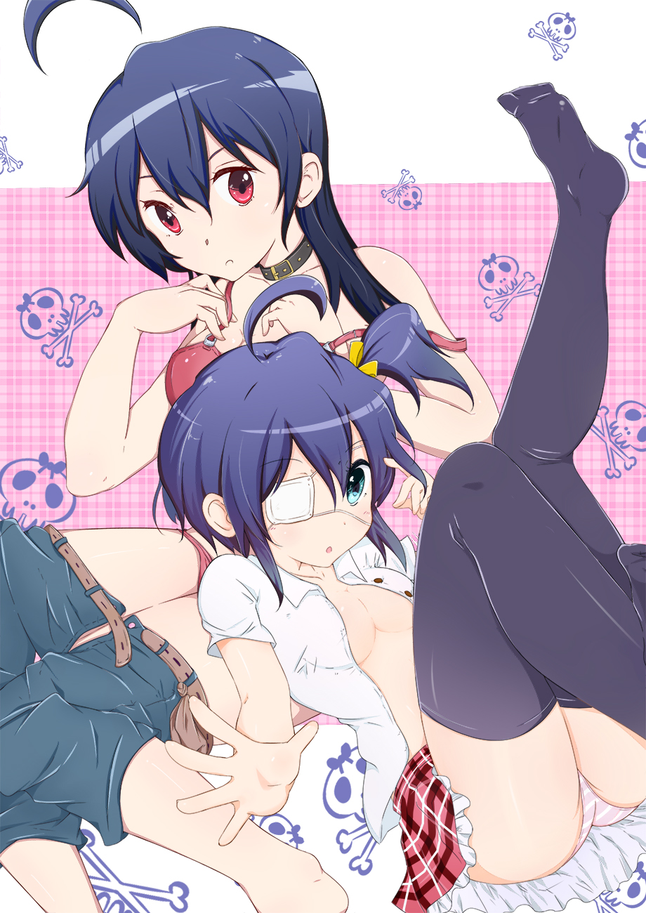 10s, 2girls, ahoge, bad_anatomy, bad_leg, bare_shoulders, barefoot, belt