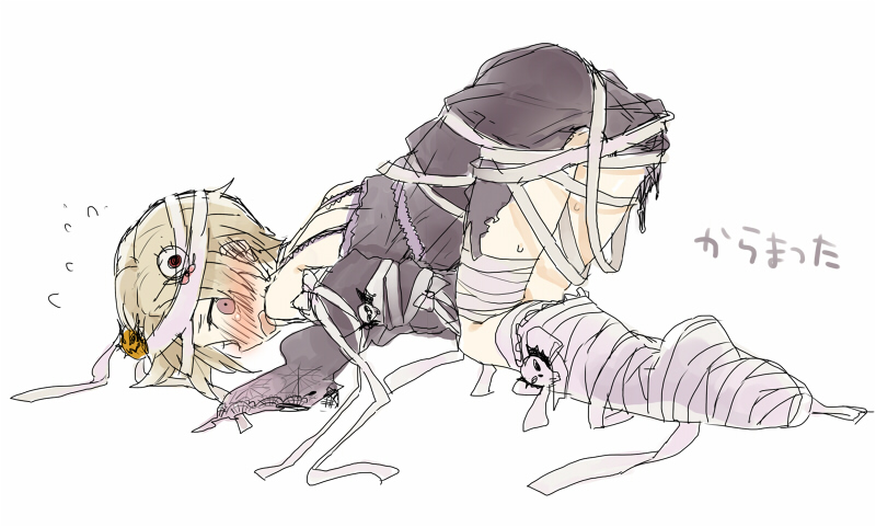 10s, 1girl, ass, bandages, bare_shoulders, blonde_hair, blush, brown_eyes