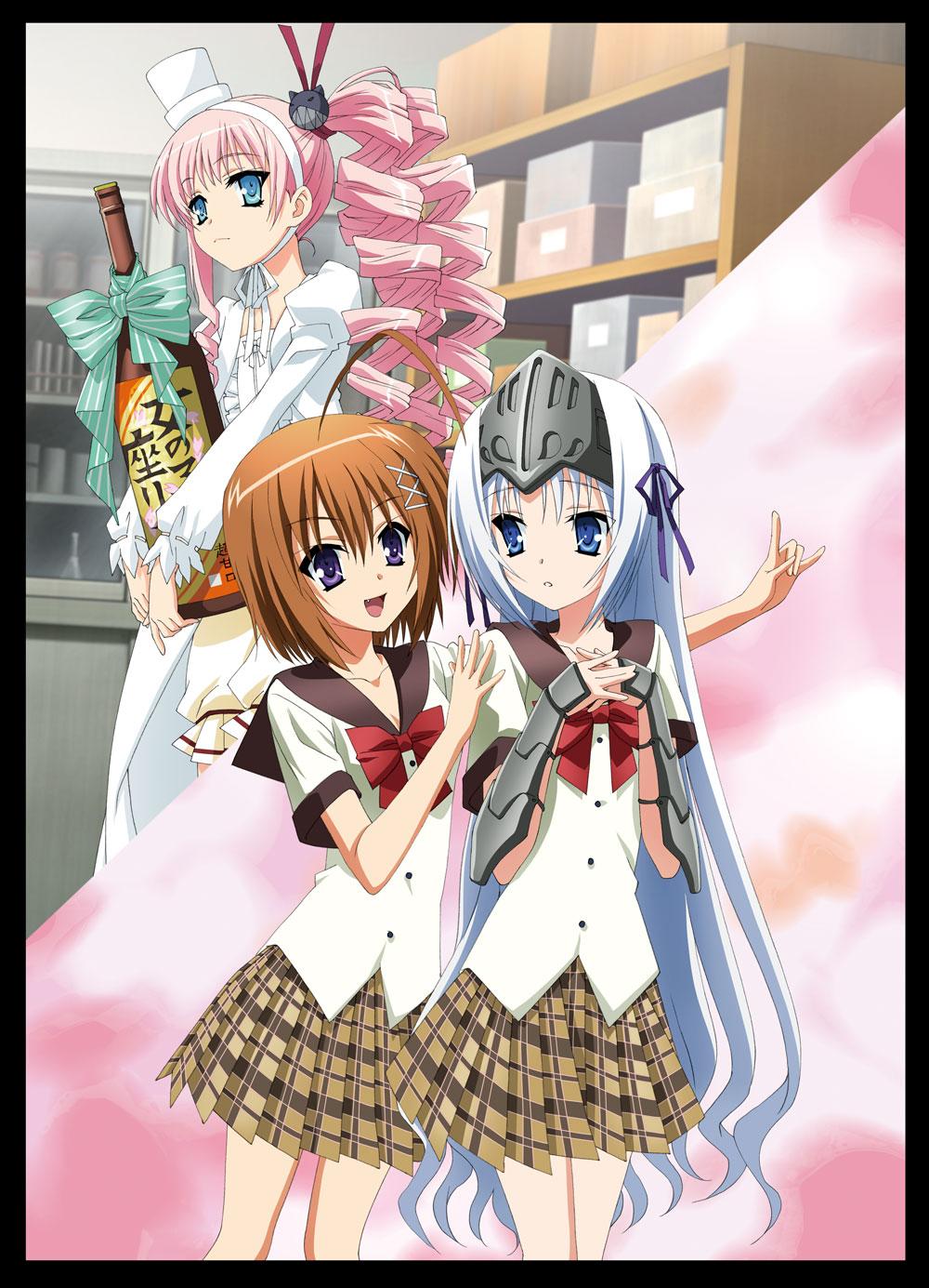 10s, 3girls, blue_eyes, bottle, chris_(korezom), drill_hair, eucliwood_hellscythe, highres