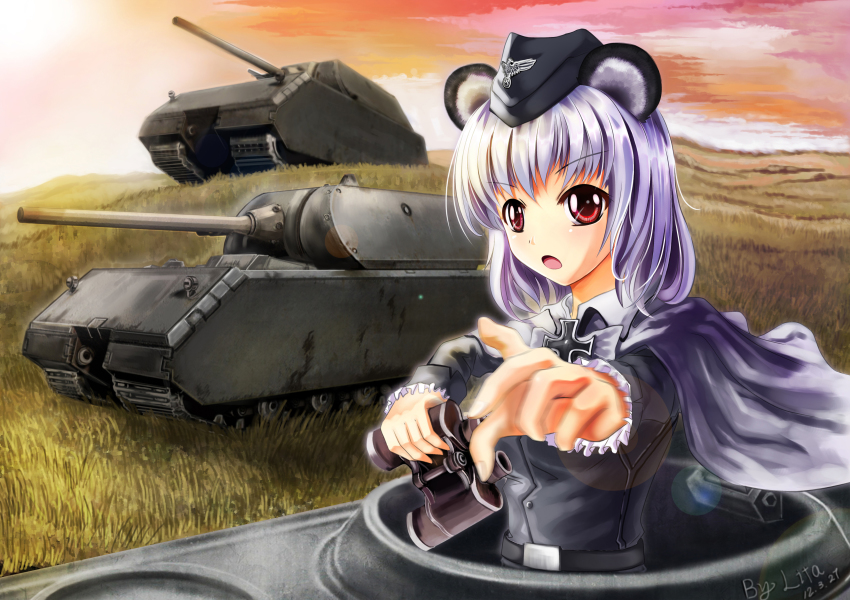 1girl, absurdres, animal_ears, bad_id, bad_pixiv_id, binoculars, blurry, caterpillar_tracks, cross, female_focus, grass, highres, iron_cross, lens_flare, lita_(keyboard000), maus_(tank), military, military_uniform, military_vehicle, motor_vehicle, mouse_ears, name_connection, nazi, nazrin, object_namesake, panzerkampfwagen_maus, reichsadler, tank, touhou, vehicle, war, wehrmacht