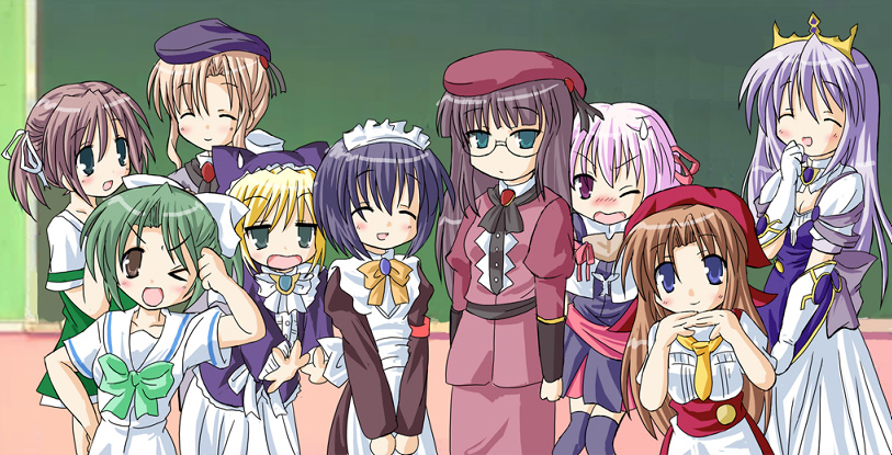 6+girls, :d, asagiri_mai, beret, blonde_hair, bow, bowtie, brown_hair