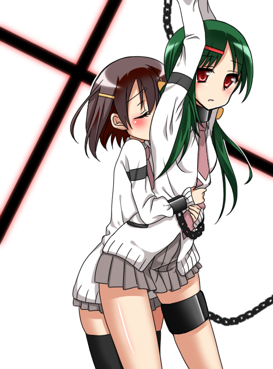 10s, 2girls, arms_up, bad_id, bad_pixiv_id, bdsm, black_legwear, blush