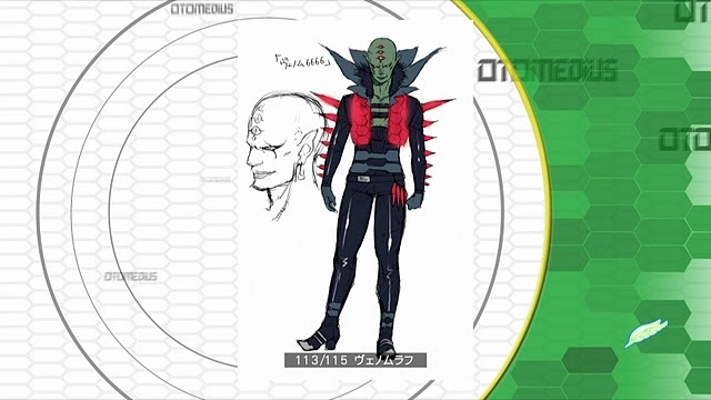 belt, boots, colored_skin, dr_venom, extra_eyes, gloves, gradius, green_skin, konami, leather, official_art, otomedius, pointy_ears, sketch, smirk, spikes, strap, stripe, tall, tattoo, vest