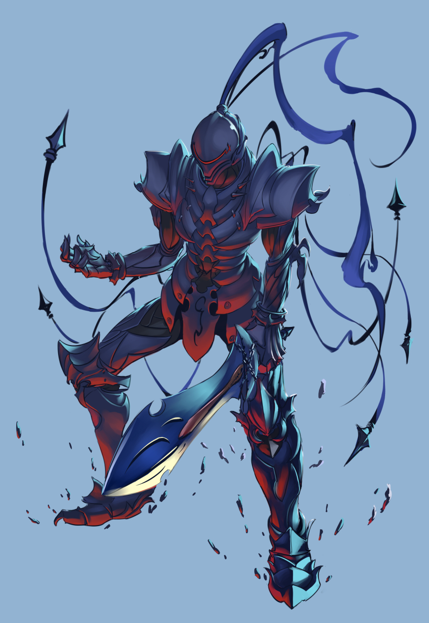 1boy, absurdres, armor, arondight_(fate), baijiin_poison, berserker_(fate/zero), blue_background, fate/zero