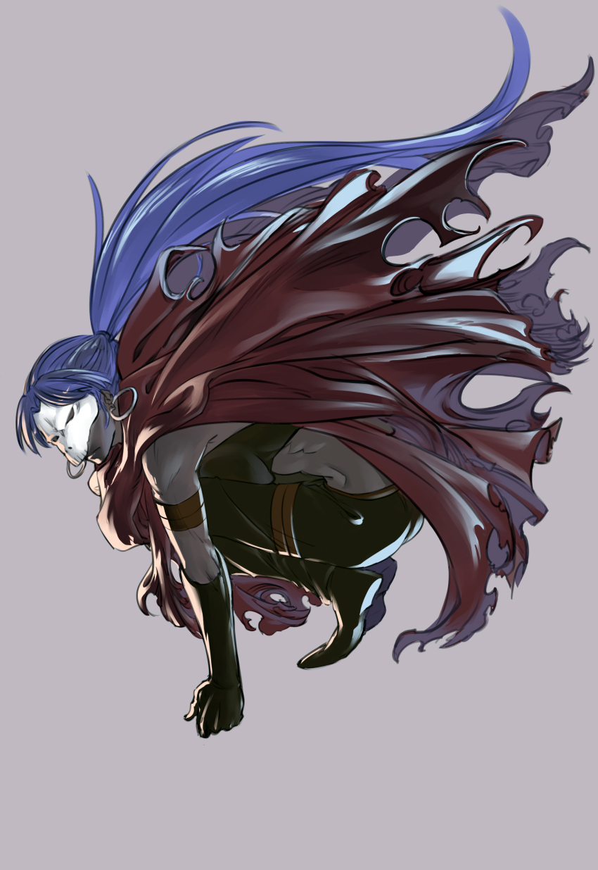 1girl, absurdres, assassin_(fate/zero), baijiin_poison, blue_hair, cape, cloak, dark-skinned_female, dark_skin, fate/zero, fate_(series), female_assassin_(fate/zero), female_focus, highres, long_hair, mask, midriff, ponytail, skeleton_mask, skull_mask, solo, very_long_hair