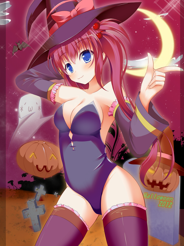 1girl, blue_eyes, bow, breasts, cleavage, detached_sleeves, ghost, graveyard