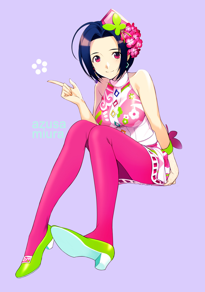 1girl, ahoge, akiyoshi_haru, blue_hair, character_name, female_focus, flower, hair_ornament, hat, hydrangea, idolmaster, idolmaster_(classic), miura_azusa, pantyhose, pink_background, pink_eyes, pink_pantyhose, princess_melody_(idolmaster), purple_background, short_hair, simple_background, smile, solo, wristband