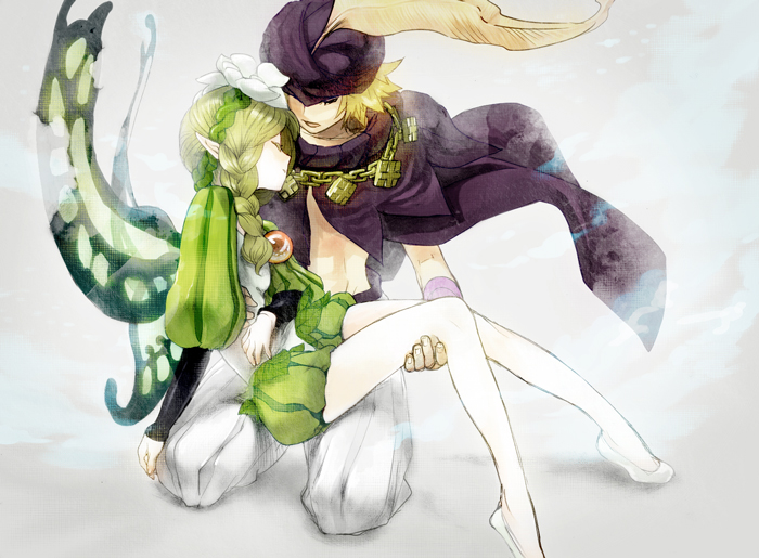 1boy, 1girl, bad_id, bad_pixiv_id, blonde_hair, braid, butterfly_wings, carrying, closed_eyes, couple, fairy, flower, hair_flower, hair_ornament, harem_pants, hat, hat_feather, head_wreath, hetero, ingway_(odin_sphere), insect_wings, koto_mutsu, long_hair, mercedes_(odin_sphere), midriff, odin_sphere, pants, pointy_ears, princess_carry, puff_and_slash_sleeves, puffy_sleeves, twin_braids, white_flower, white_footwear, white_pants, wings