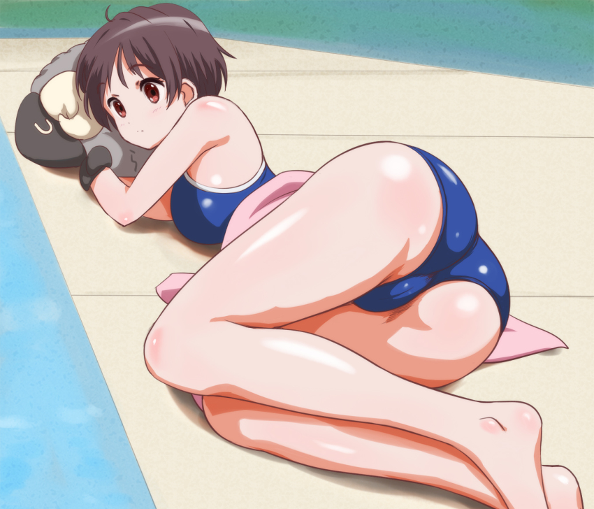 10s, 1girl, ass, bare_shoulders, barefoot, brown_hair, chuunibyou_demo_koi_ga_shitai!, competition_school_swimsuit, competition_swimsuit, female_focus, highres, lying, on_side, one-piece_swimsuit, pool, poolside, rasukaru, red_eyes, school_swimsuit, short_hair, solo, stuffed_animal, stuffed_sheep, stuffed_toy, swimsuit, towel, tsuyuri_kumin