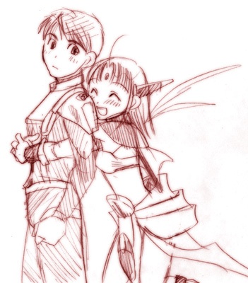 1boy, 1girl, armor, artist_request, blush, breasts, facial_mark, forehead_mark, gradius, happy, hetero, hug, james_burton, konami, long_hair, lowres, military, personification, short_hair, sketch, skirt, vic_viper