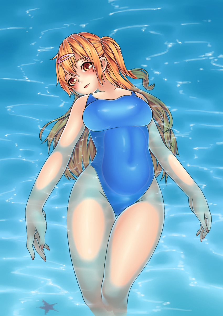 10s, 1girl, absurdres, afloat, bad_id, bad_pixiv_id, blonde_hair, blush, breasts, brown_eyes, brown_hair, buoyant_hair, chuunibyou_demo_koi_ga_shitai!, curvy, female_focus, floating, hair_ornament, hairclip, highres, large_breasts, lips, long_hair, looking_at_viewer, naidong_(artist), nail_polish, nibutani_shinka, one-piece_swimsuit, partially_submerged, pool, school_swimsuit, smile, solo, submerged, swimming, swimsuit, two_side_up, water