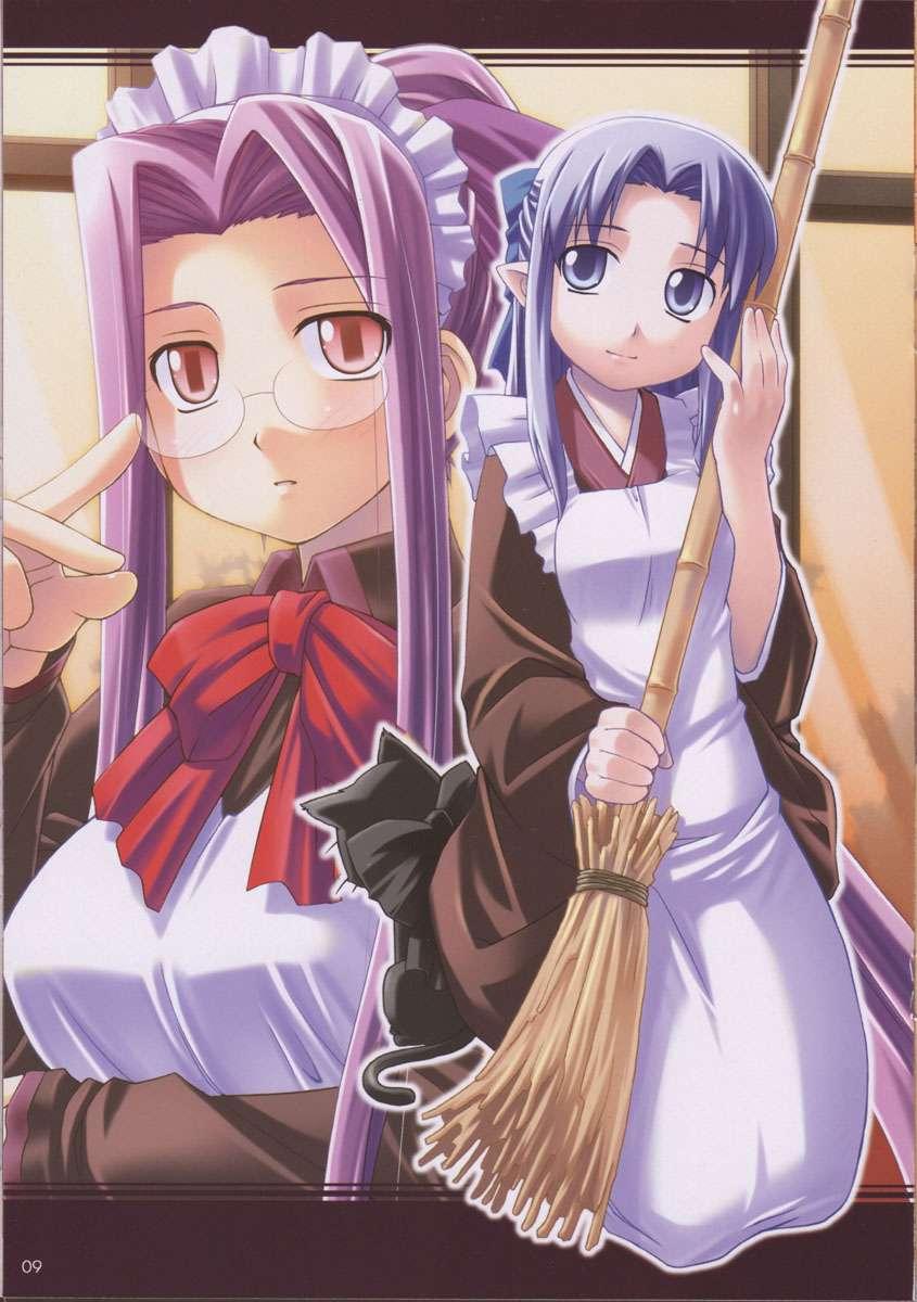 adjusting_eyewear, bakutendou, blue_eyes, blue_hair, broom, cosplay, crossover, fate/stay_night