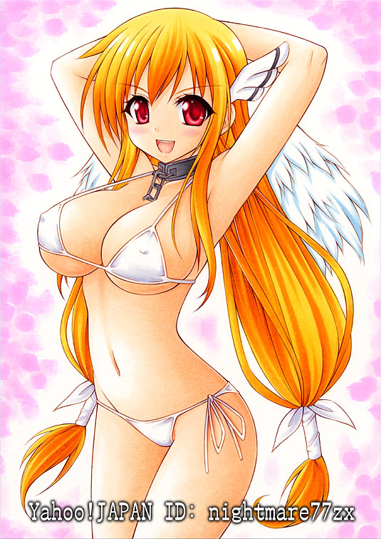 1girl, angel_wings, armpits, astraea_(sora_no_otoshimono), bikini, blonde_hair, blush, breasts