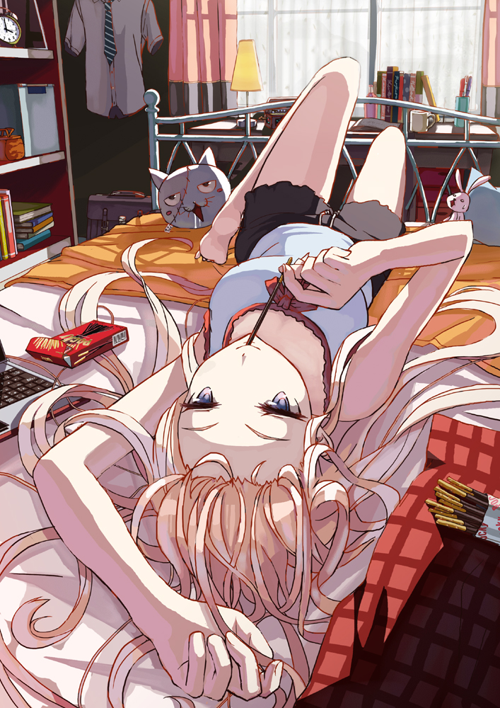 108tooya, 1girl, alarm_clock, barefoot, bed, blonde_hair, book, clock
