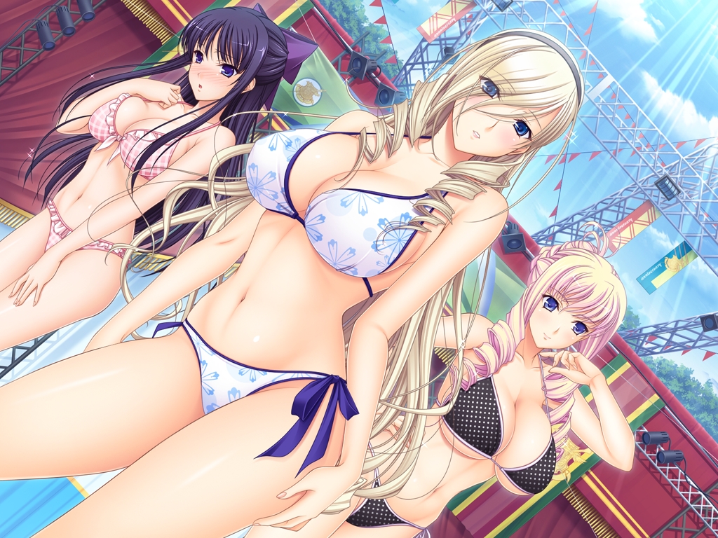 10s, 3girls, bare_shoulders, bertille_althusser, bikini, black_hair, blonde_hair, blue_eyes