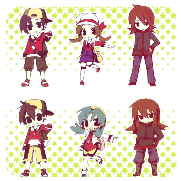 00s, 1990s_(style), 2girls, 4boys, aruya_(flosrota), bad_id, bad_pixiv_id, chibi, dual_persona, ethan_(pokemon), ethan_(pokemon)_(classic), kris_(pokemon), lyra_(pokemon), multiple_boys, multiple_girls, nintendo, nocana, poke_ball, poke_ball_(basic), pokemon, pokemon_gold/silver/crystal, pokemon_heartgold_and_soulsilver, retro_artstyle, silver_(pokemon)