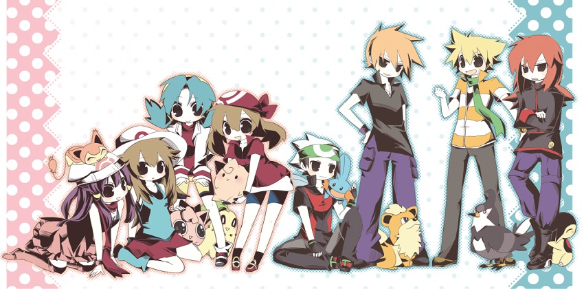 00s, 1990s_(style), 4boys, 4girls, barry_(pokemon), blue_oak, brendan_(pokemon), chikorita