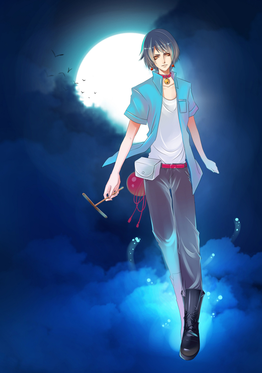 1boy, bamboo_copter, bell, belt, bird, blue_hair, boots, cloud, collar, doraemon, doraemon_(character), earrings, flying, full_moon, highres, jewelry, looking_at_viewer, male_focus, moon, night, open_clothes, open_shirt, orange_eyes, personification, shirt, sky, slit_pupils, solo, youkukill